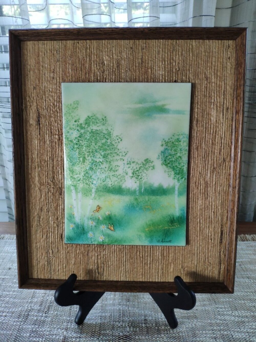 VTG Enameled Copper Artwork Framed Hand Painted Butterflies in Woods, signed 15"